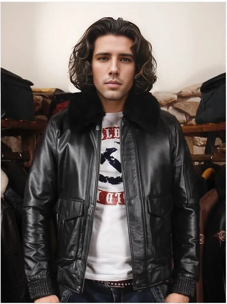 A2 USAF Pilot Leather Flight Jacket with Faux Fur Collar