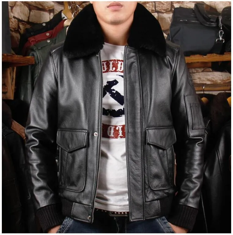 A2 USAF Pilot Leather Flight Jacket with Faux Fur Collar