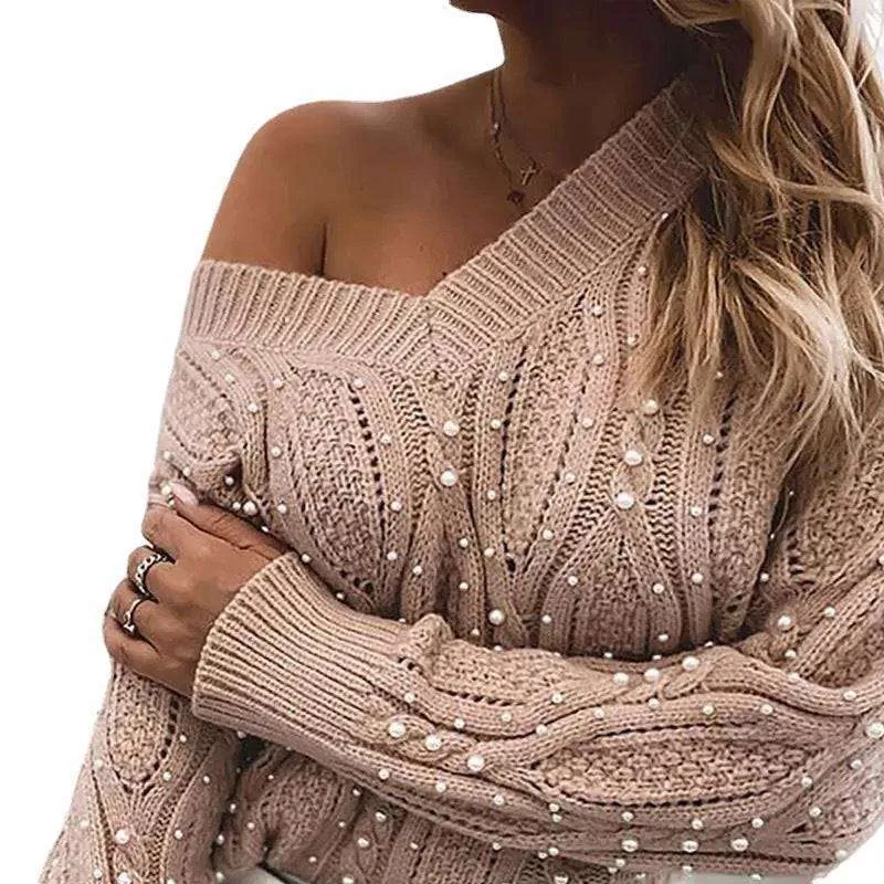 Apricot Twist Collar Bead Knit Pullover