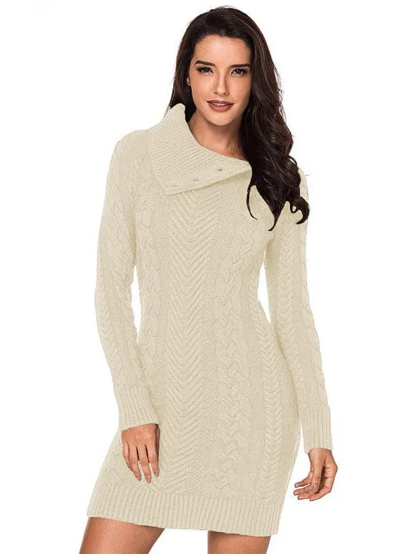 Asymmetric Button Cable Knit Long Sleeve Midi Sweater Dress