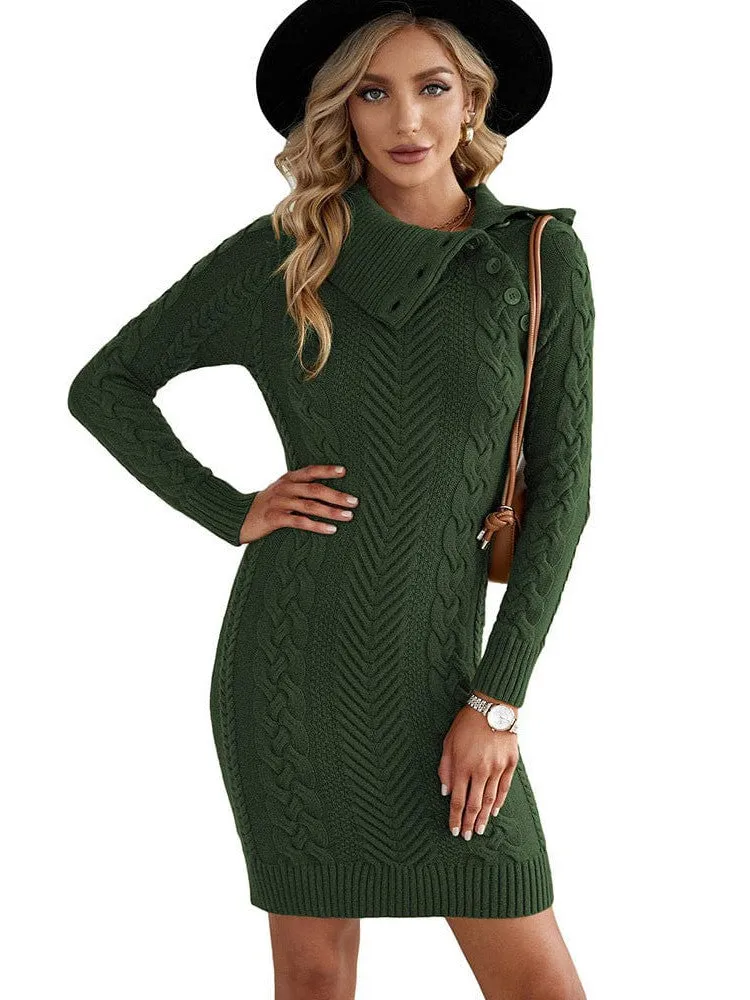 Asymmetric Button Cable Knit Long Sleeve Midi Sweater Dress