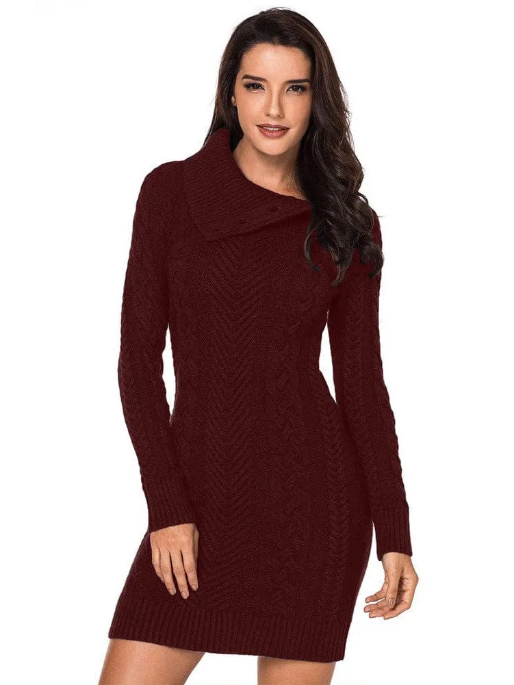 Asymmetric Button Cable Knit Long Sleeve Midi Sweater Dress