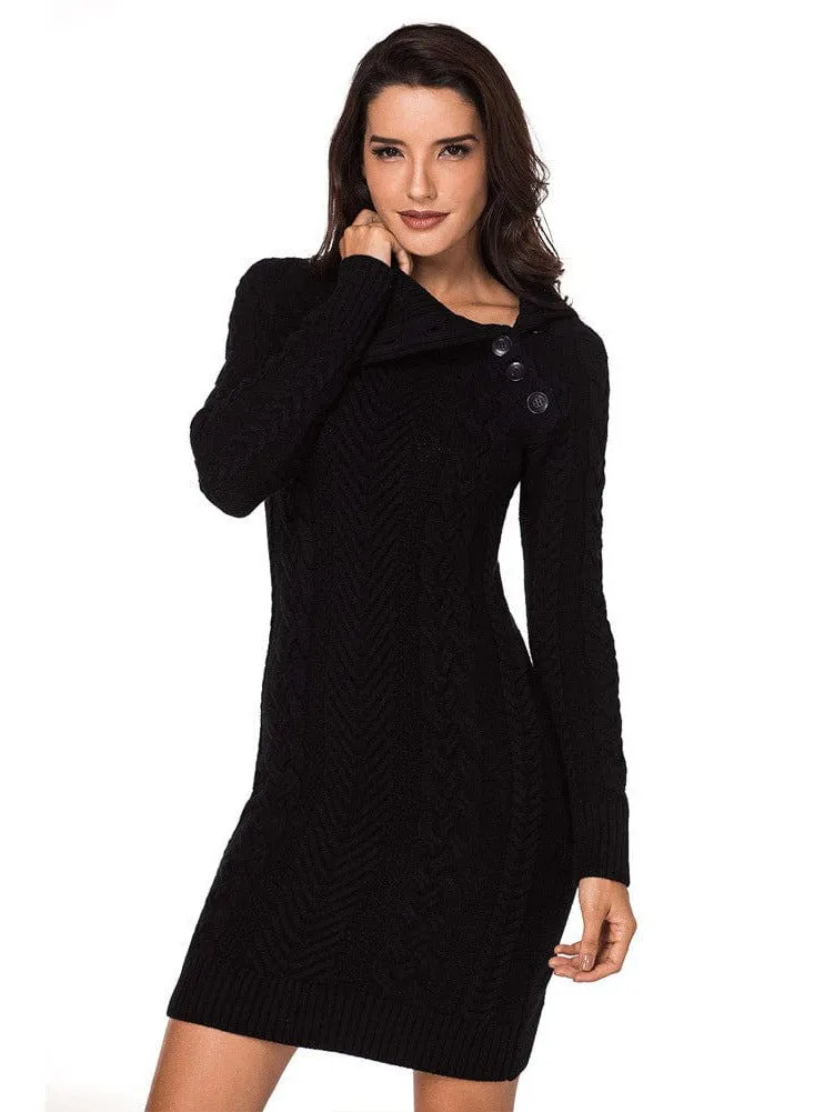 Asymmetric Button Cable Knit Long Sleeve Midi Sweater Dress