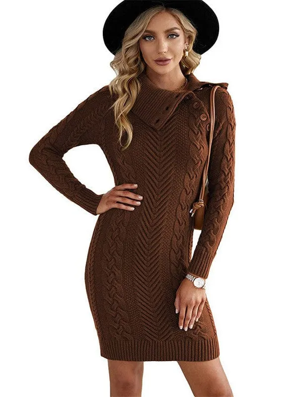 Asymmetric Button Cable Knit Long Sleeve Midi Sweater Dress