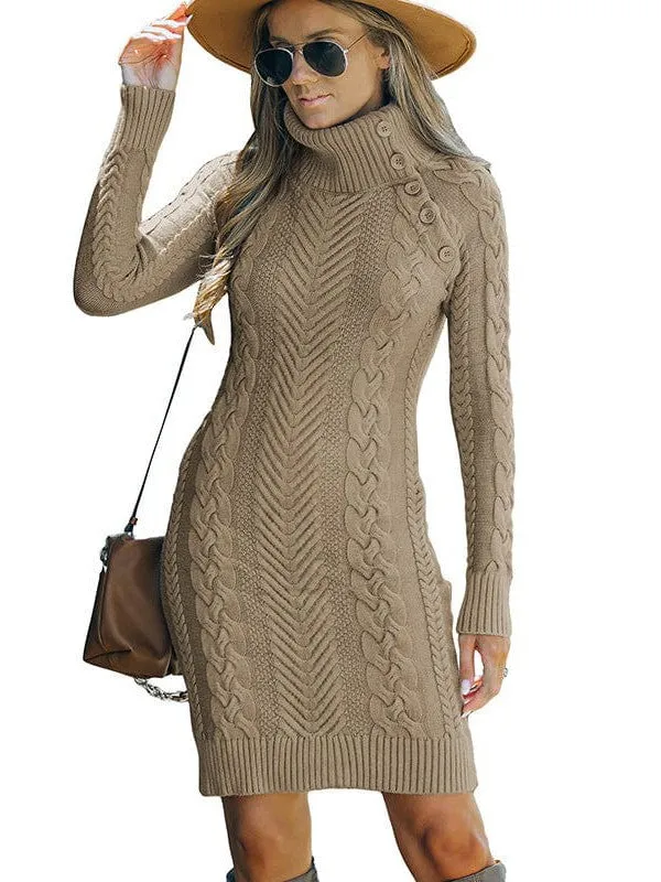 Asymmetric Button Cable Knit Long Sleeve Midi Sweater Dress