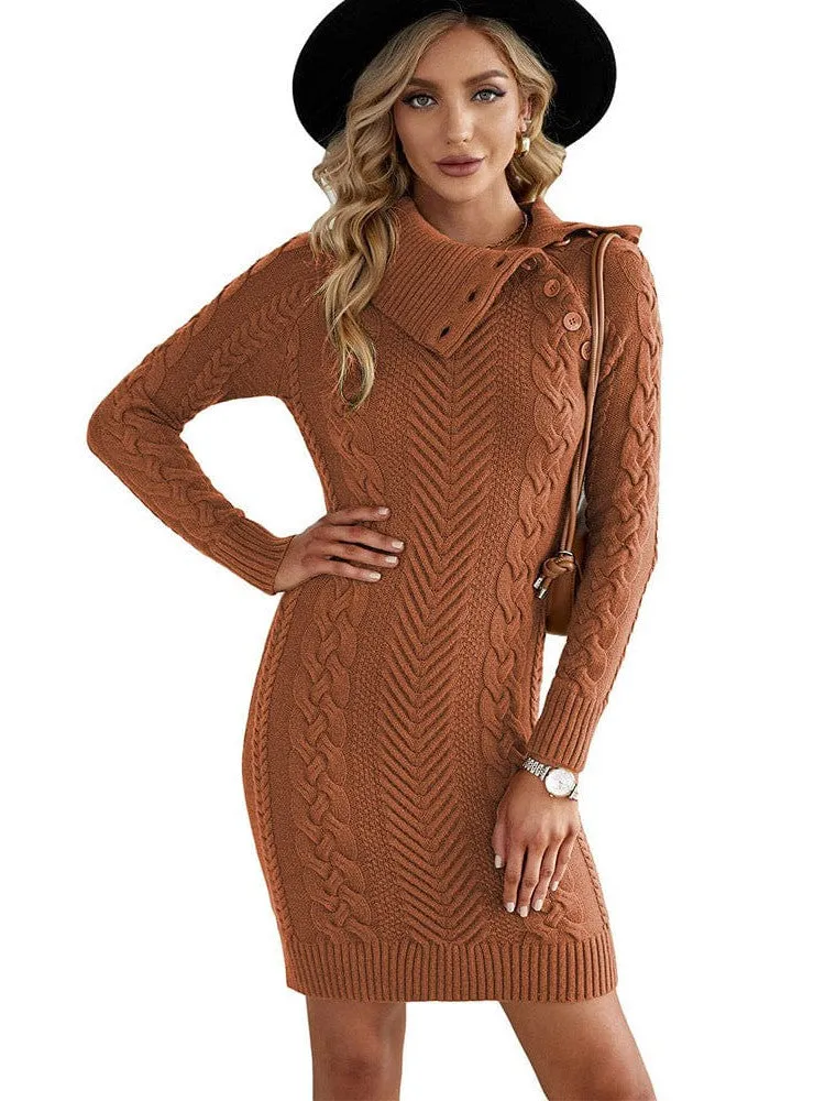 Asymmetric Button Cable Knit Long Sleeve Midi Sweater Dress