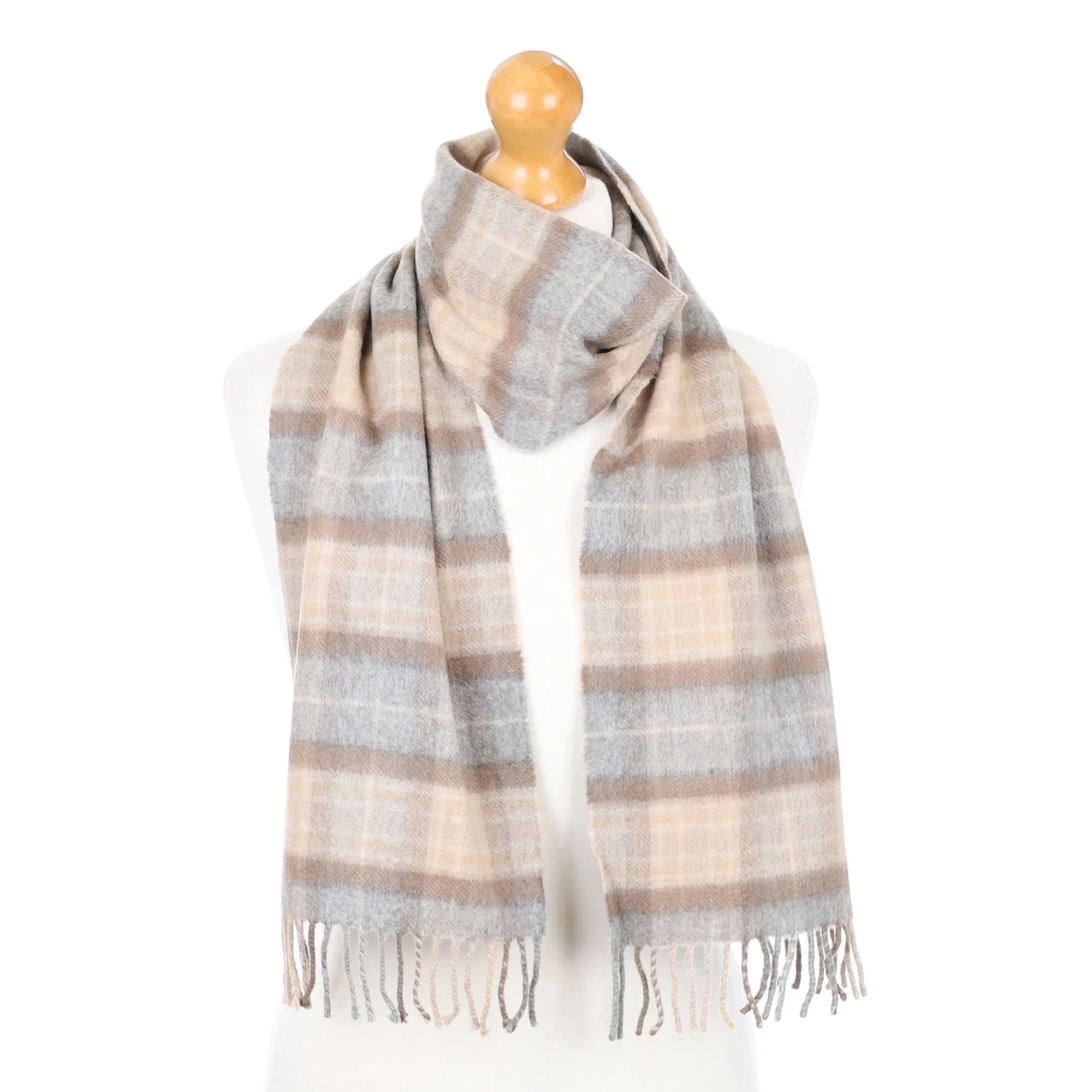 Beige and Cream Checked Fringed Cashmere Woven Scarf