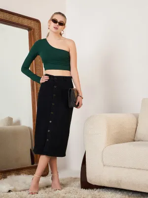 Berrylush Women Solid Black High-Rise Waist Denim Button Front Straight Hem Knitted Midi Skirt