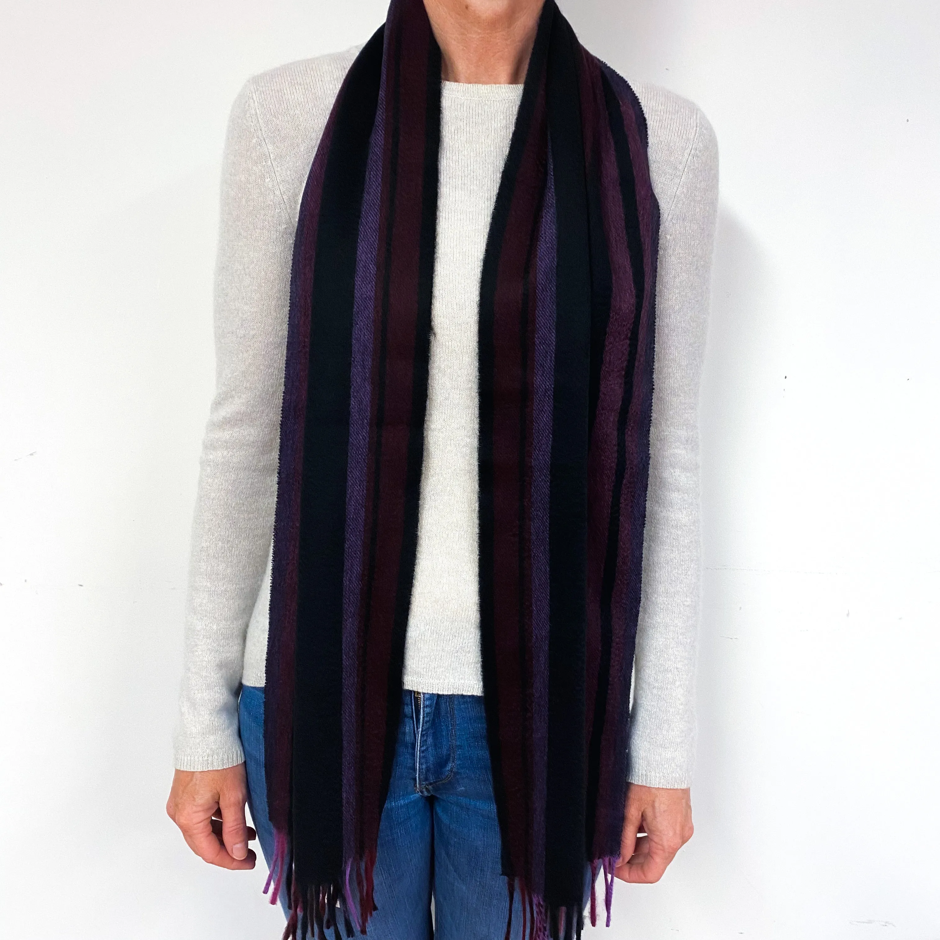 Black, Brown and Purple Striped Cashmere Fringed Woven Scarf