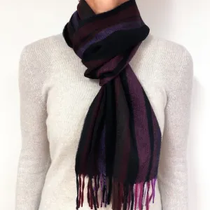 Black, Brown and Purple Striped Cashmere Fringed Woven Scarf