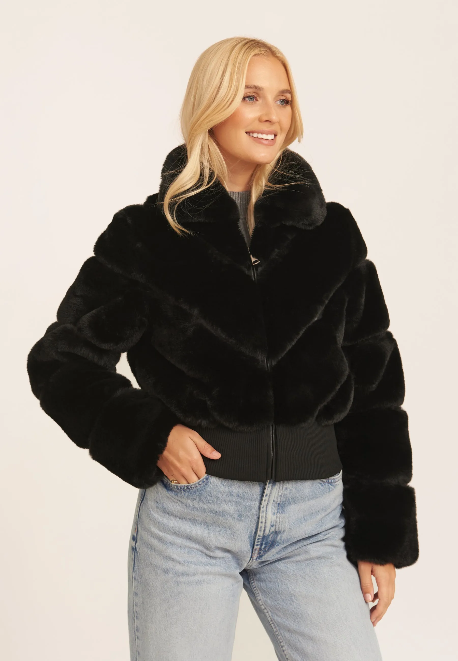 Black Faux Fur Zip Front Short Jacket