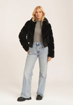 Black Faux Fur Zip Front Short Jacket