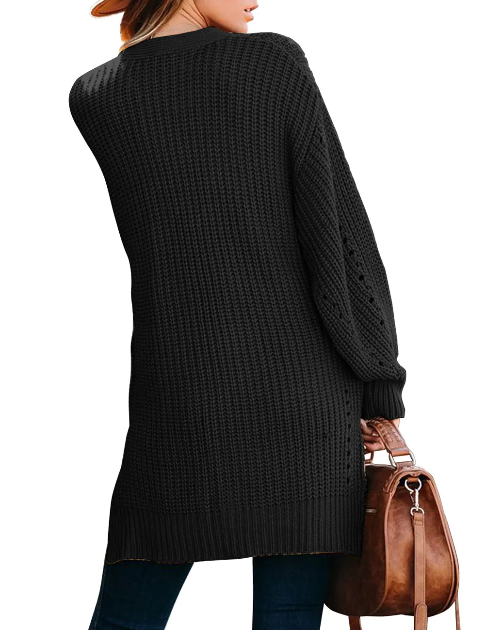 Black Open-Front Side Slit Oversized Cable Knit Cardigan