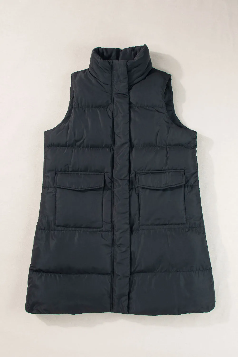 Black Windproof Longline Full Zipper Puffer Vest with Pockets