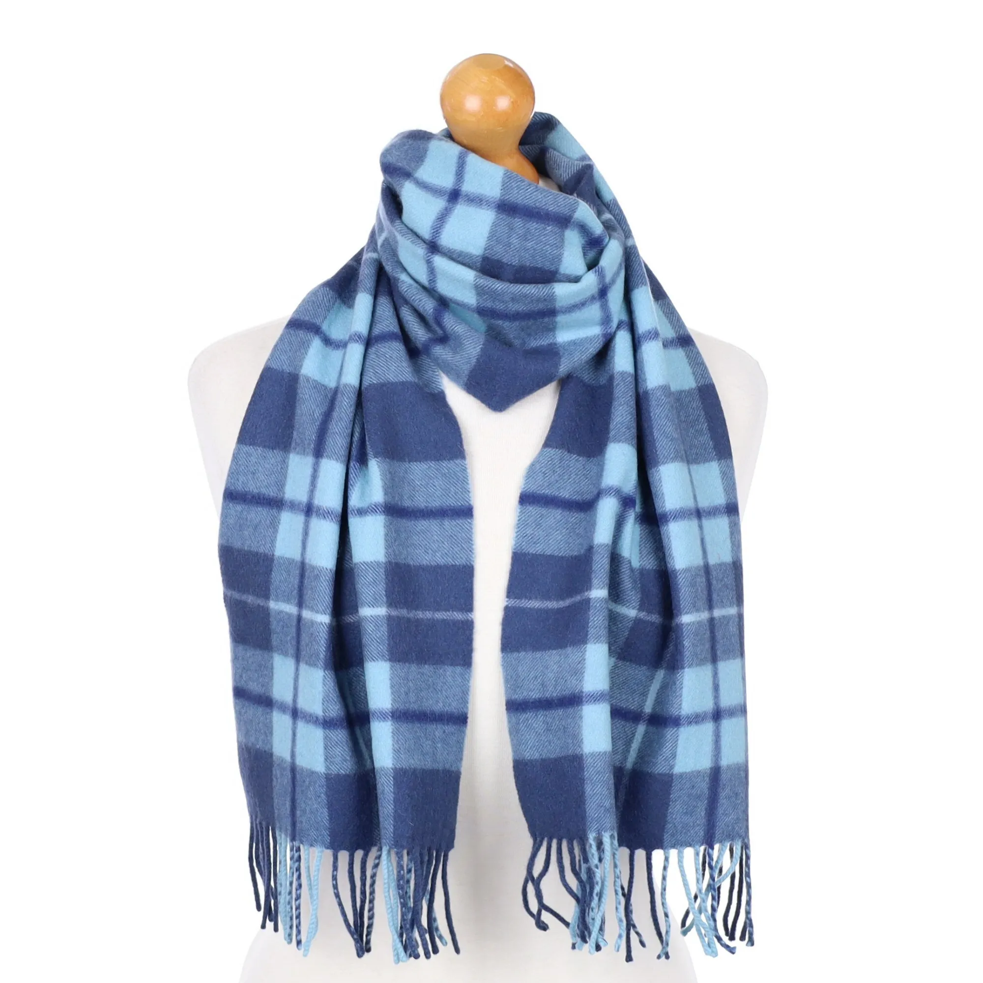 Blue Checked Fringed Cashmere Woven Scarf