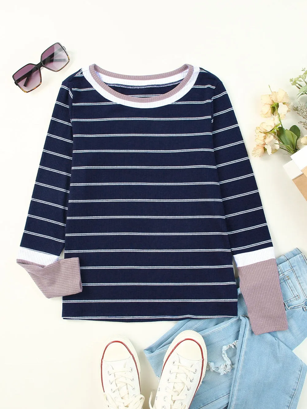 Blue Striped Rib Knit Pullover with Color Block Cuffs