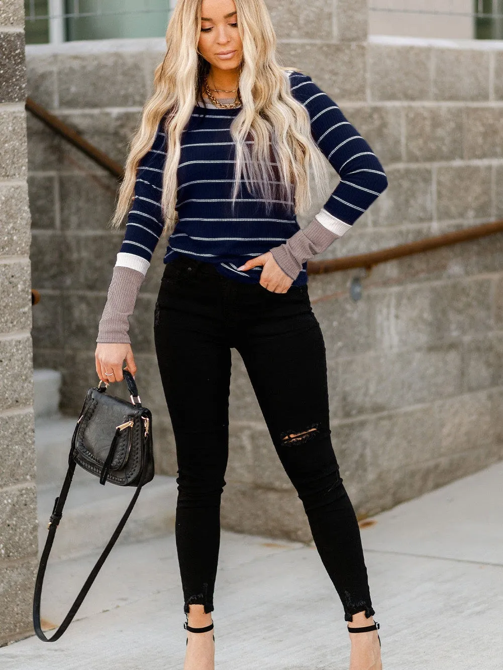 Blue Striped Rib Knit Pullover with Color Block Cuffs