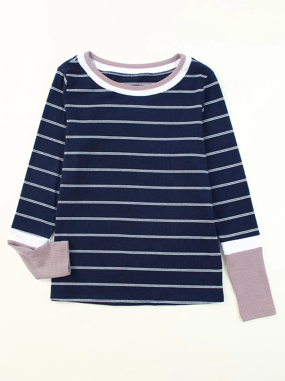 Blue Striped Rib Knit Pullover with Color Block Cuffs