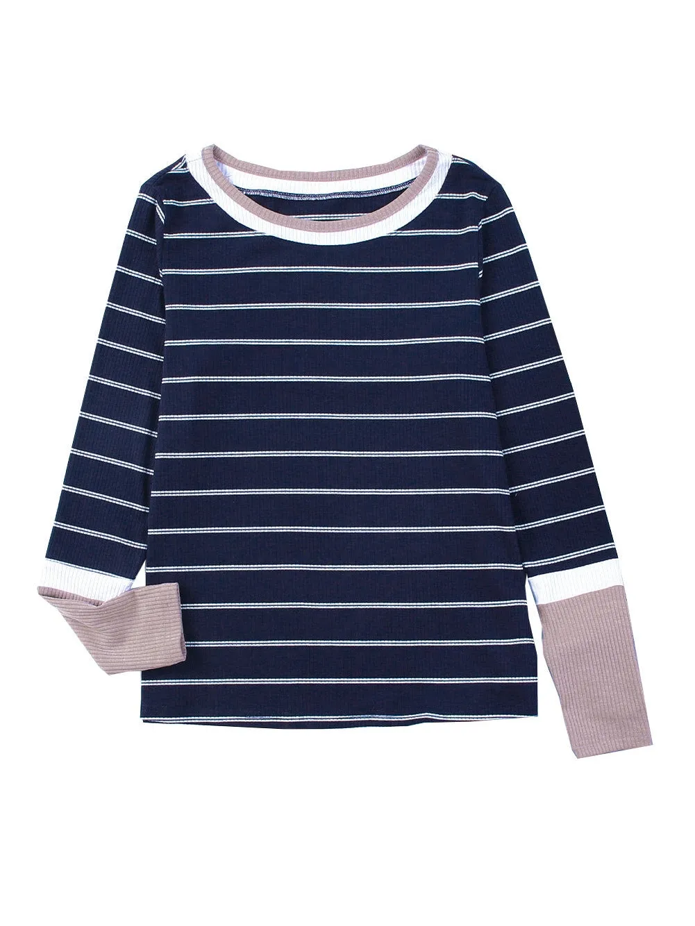 Blue Striped Rib Knit Pullover with Color Block Cuffs