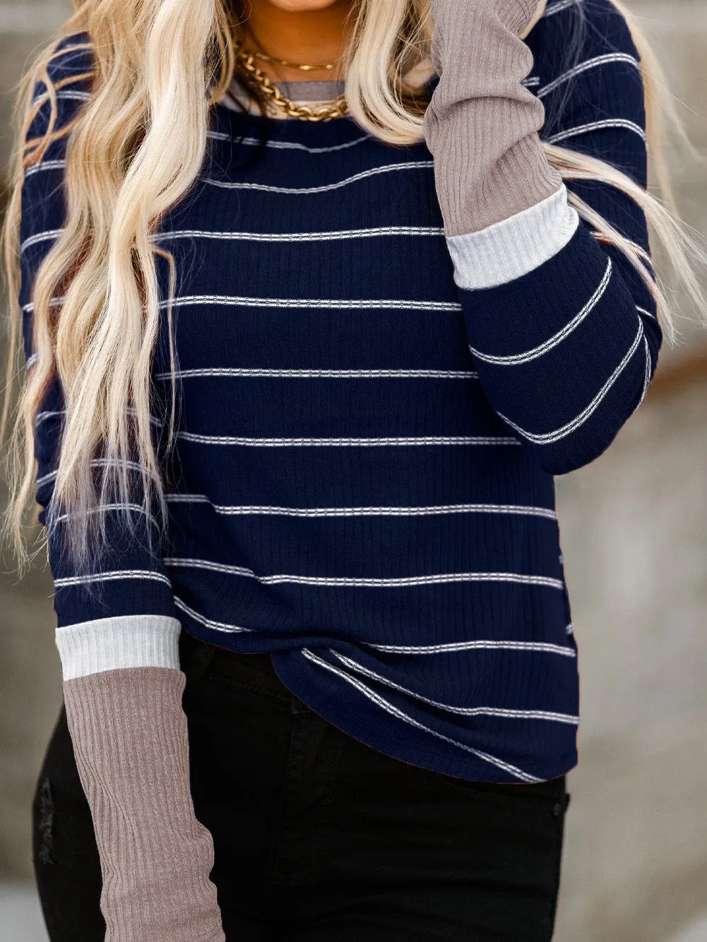 Blue Striped Rib Knit Pullover with Color Block Cuffs