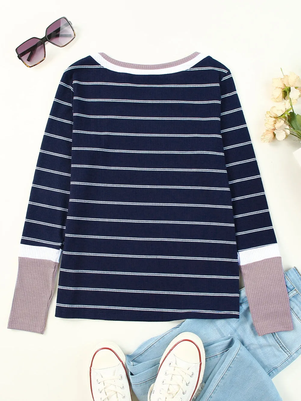 Blue Striped Rib Knit Pullover with Color Block Cuffs