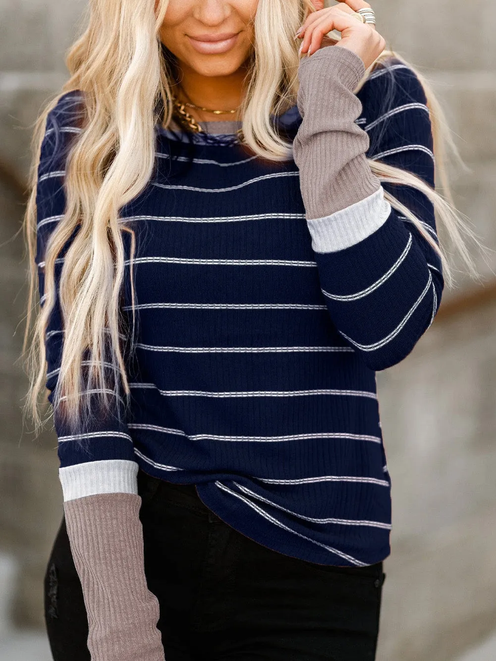 Blue Striped Rib Knit Pullover with Color Block Cuffs