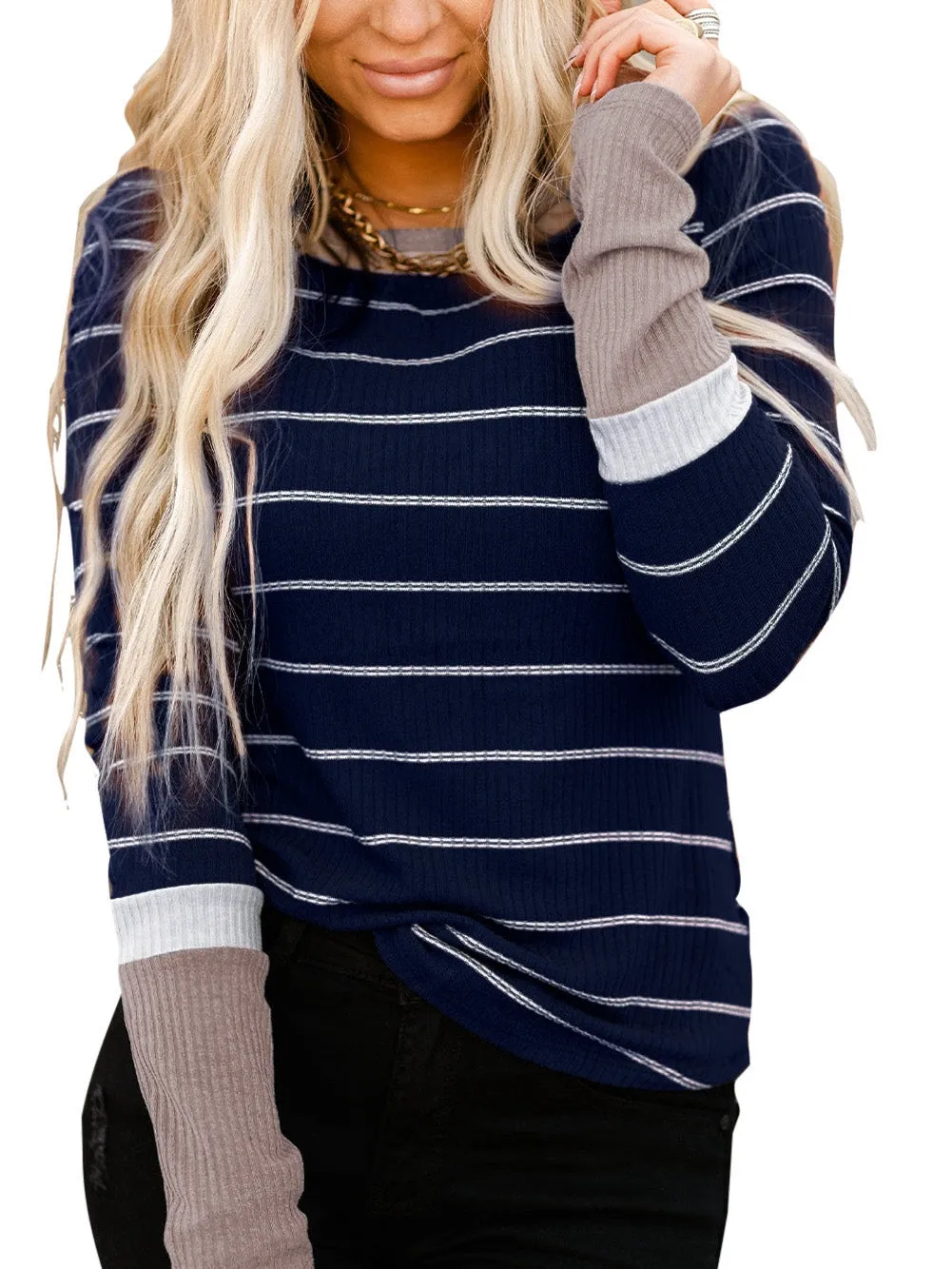 Blue Striped Rib Knit Pullover with Color Block Cuffs