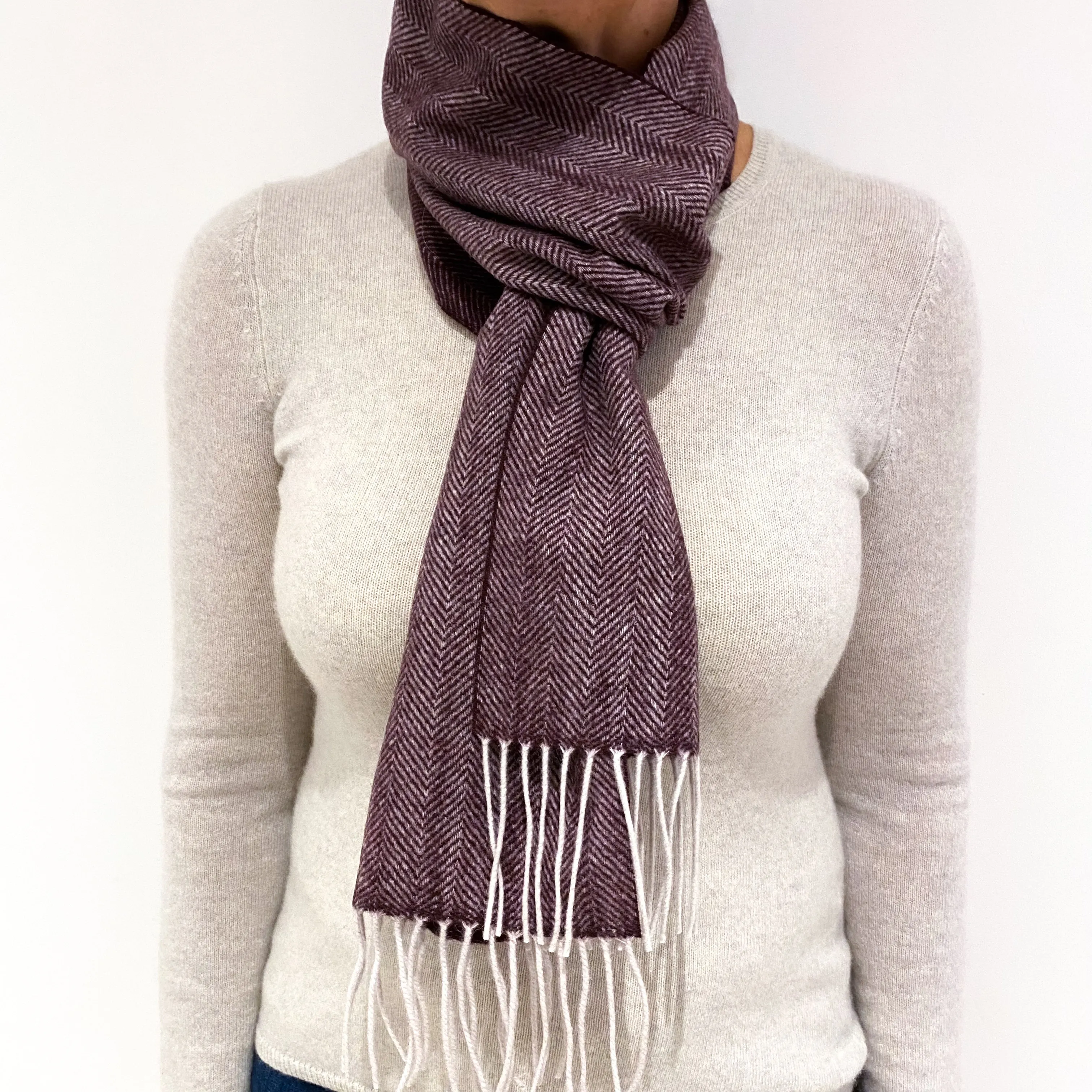 Blueberry Purple Herringbone Cashmere Fringed Woven Scarf