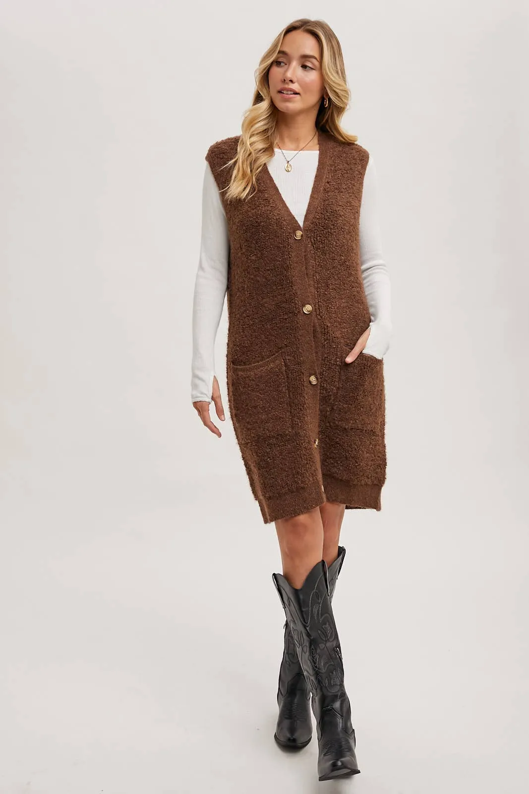 BLUIVY BUTTON DOWN V-NECK TEDDY KNIT LONG LINED VEST