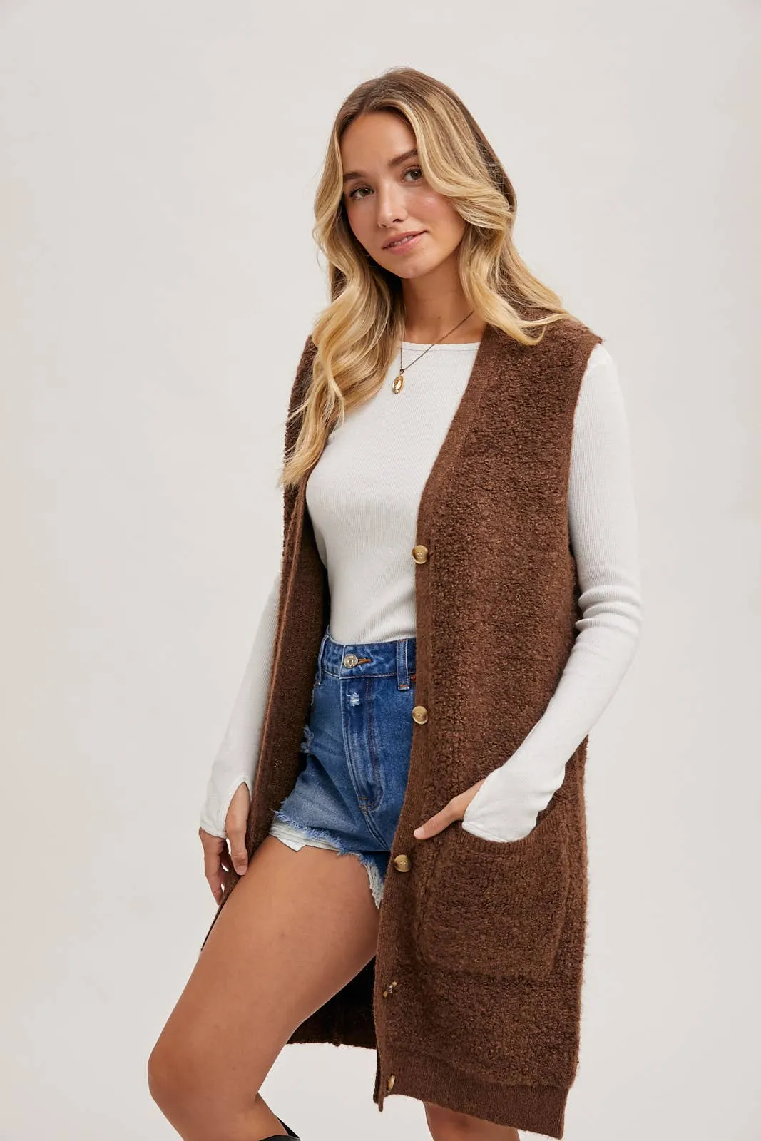 BLUIVY BUTTON DOWN V-NECK TEDDY KNIT LONG LINED VEST