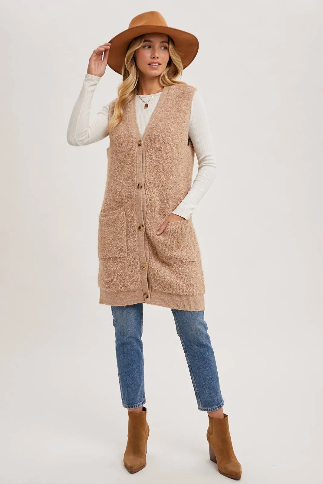 BLUIVY BUTTON DOWN V-NECK TEDDY KNIT LONG LINED VEST