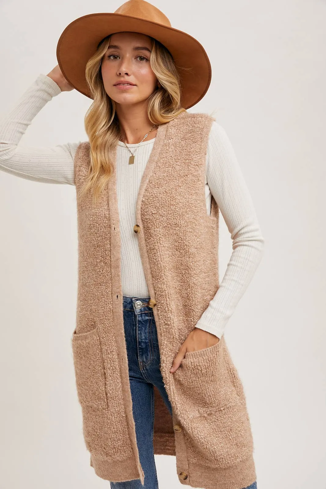 BLUIVY BUTTON DOWN V-NECK TEDDY KNIT LONG LINED VEST