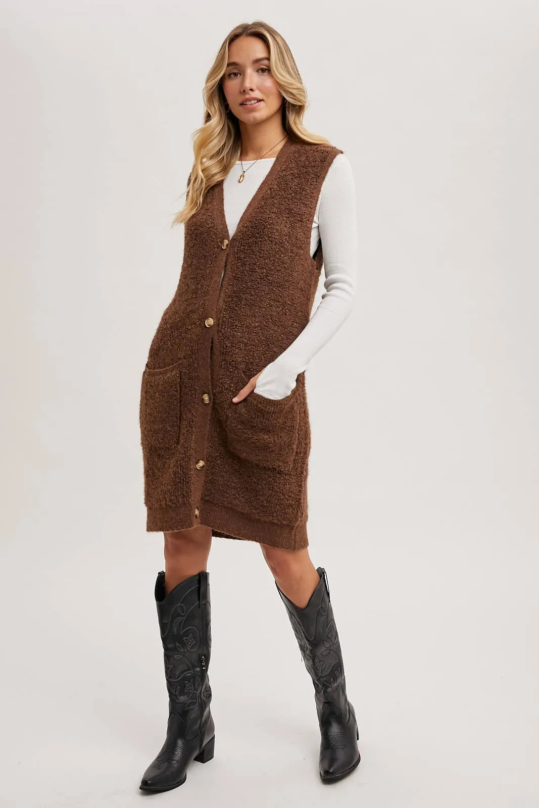 BLUIVY BUTTON DOWN V-NECK TEDDY KNIT LONG LINED VEST