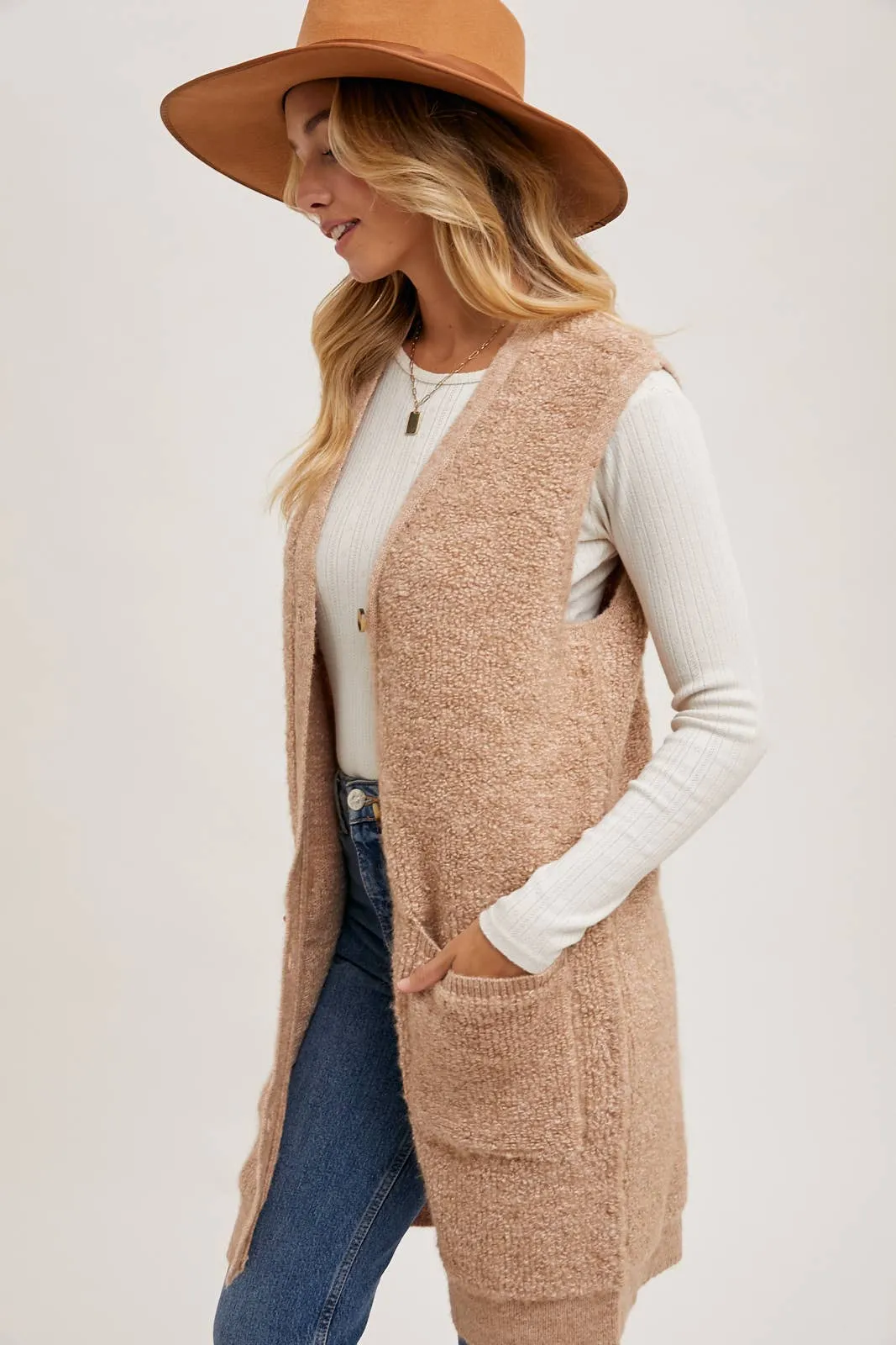 BLUIVY BUTTON DOWN V-NECK TEDDY KNIT LONG LINED VEST