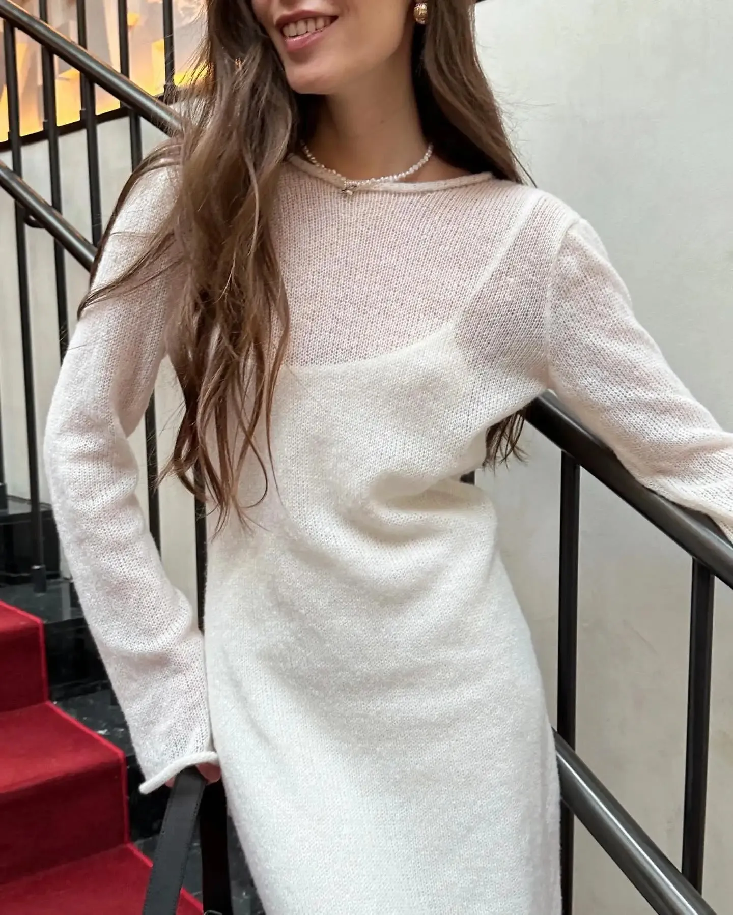 Bornladies O-Neck Elastic Knitted Long Dress ＆ Camisole Skirt Women Chic Soft Lady Hollowing Sweater Dresses 2 Pieces Sets