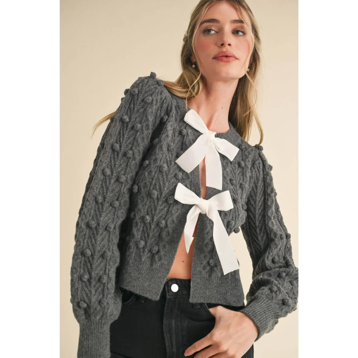 Bow-Front Cable Knit Cardigan