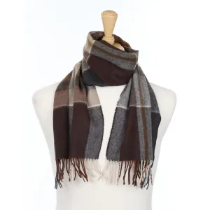 Brown Check Fringed Cashmere Woven Scarf