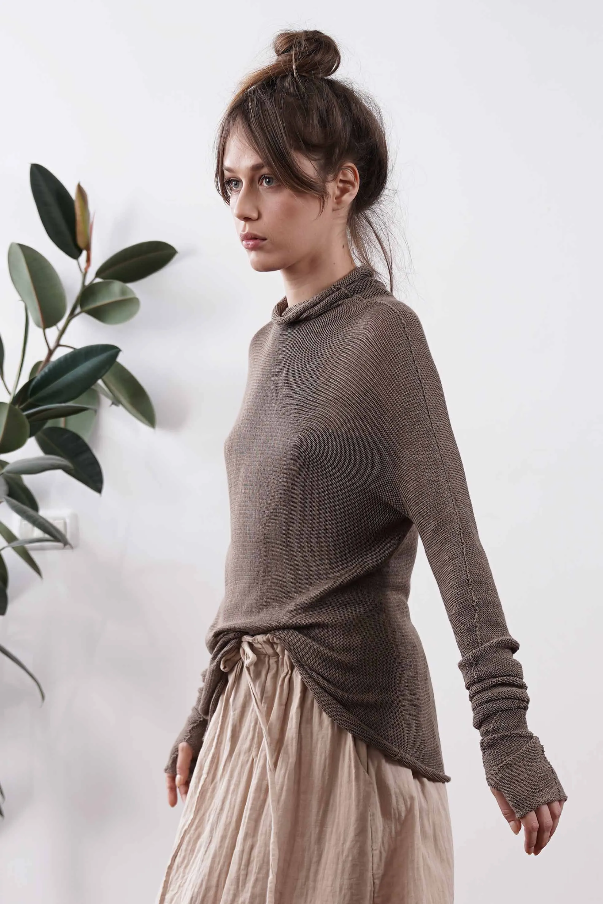 Brown Turtleneck Baraka knitted Bamboo shirt with Long Sleeves