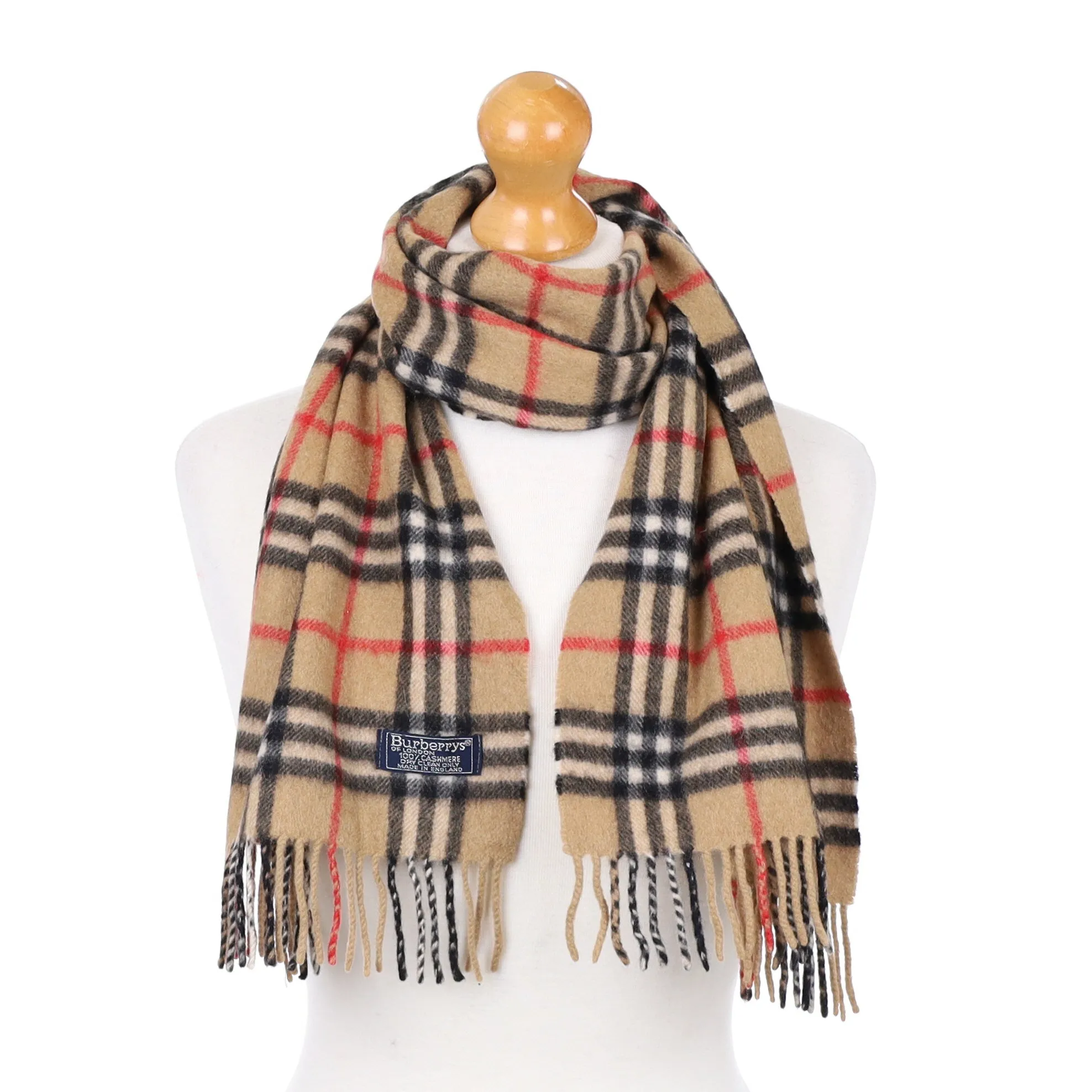 Burberry Camel Checked Fringed Cashmere Woven Scarf