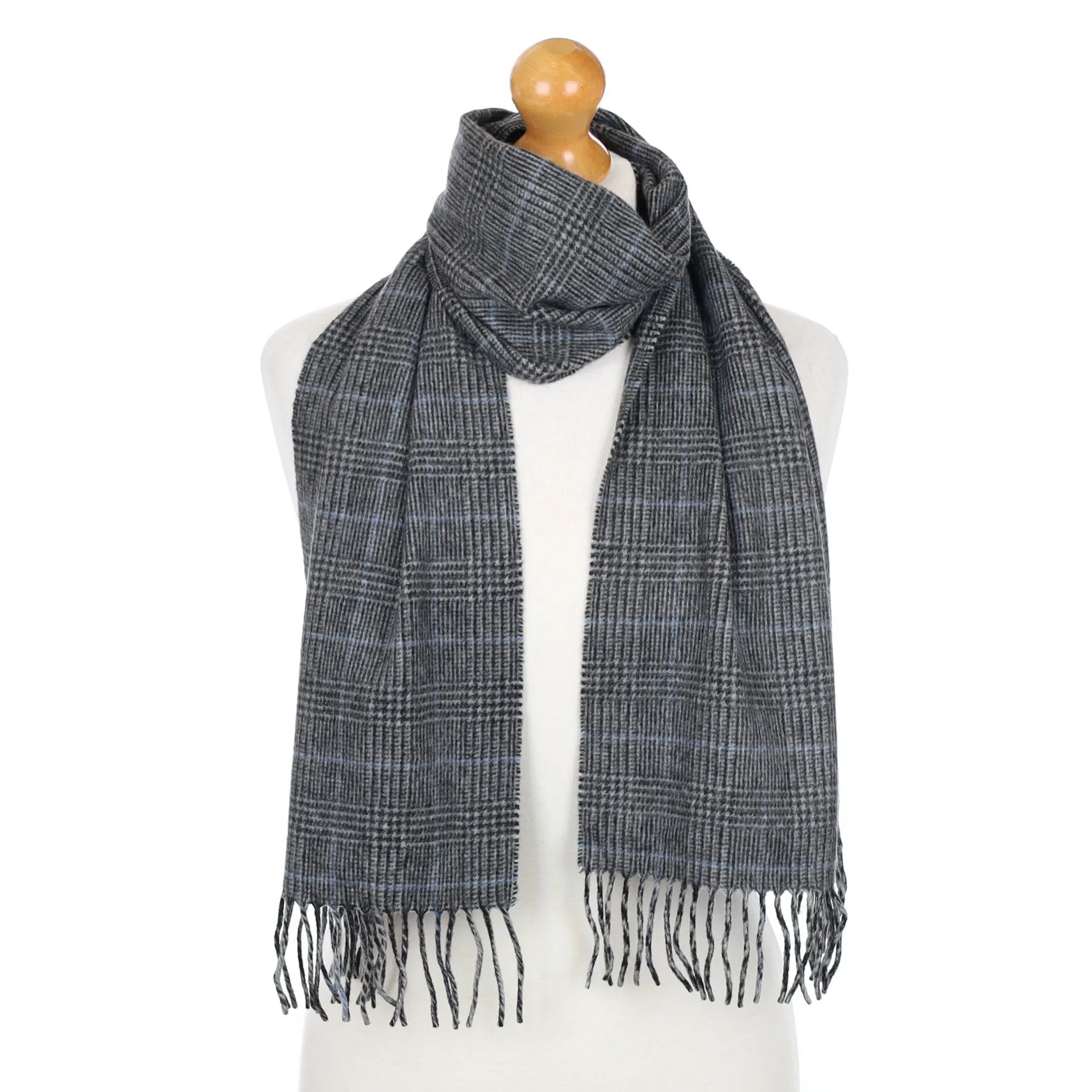 Charcoal Grey and Blue Checked Fringed Cashmere Woven Scarf