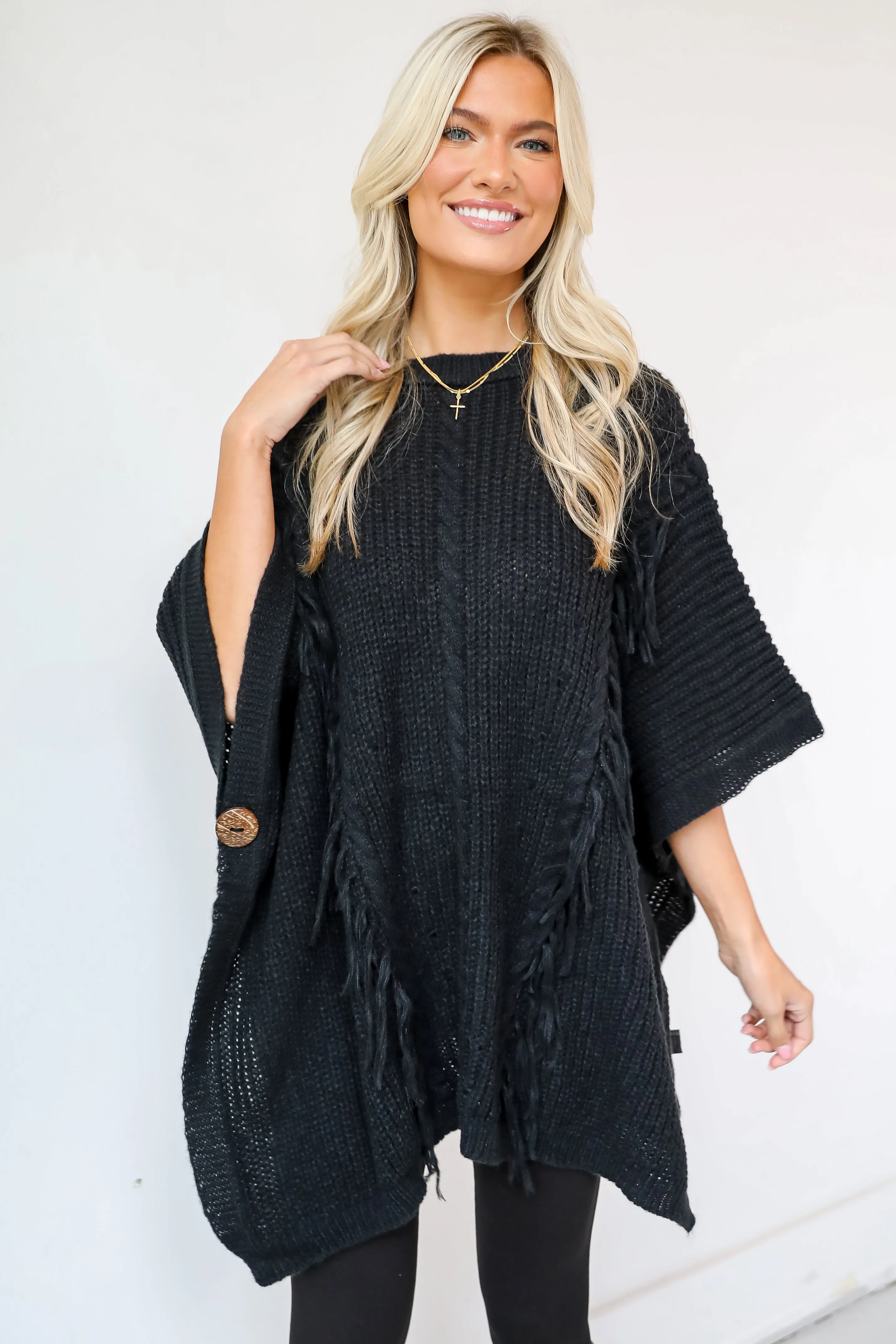 Chic Warmth Black Knit Poncho - DOORBUSTER