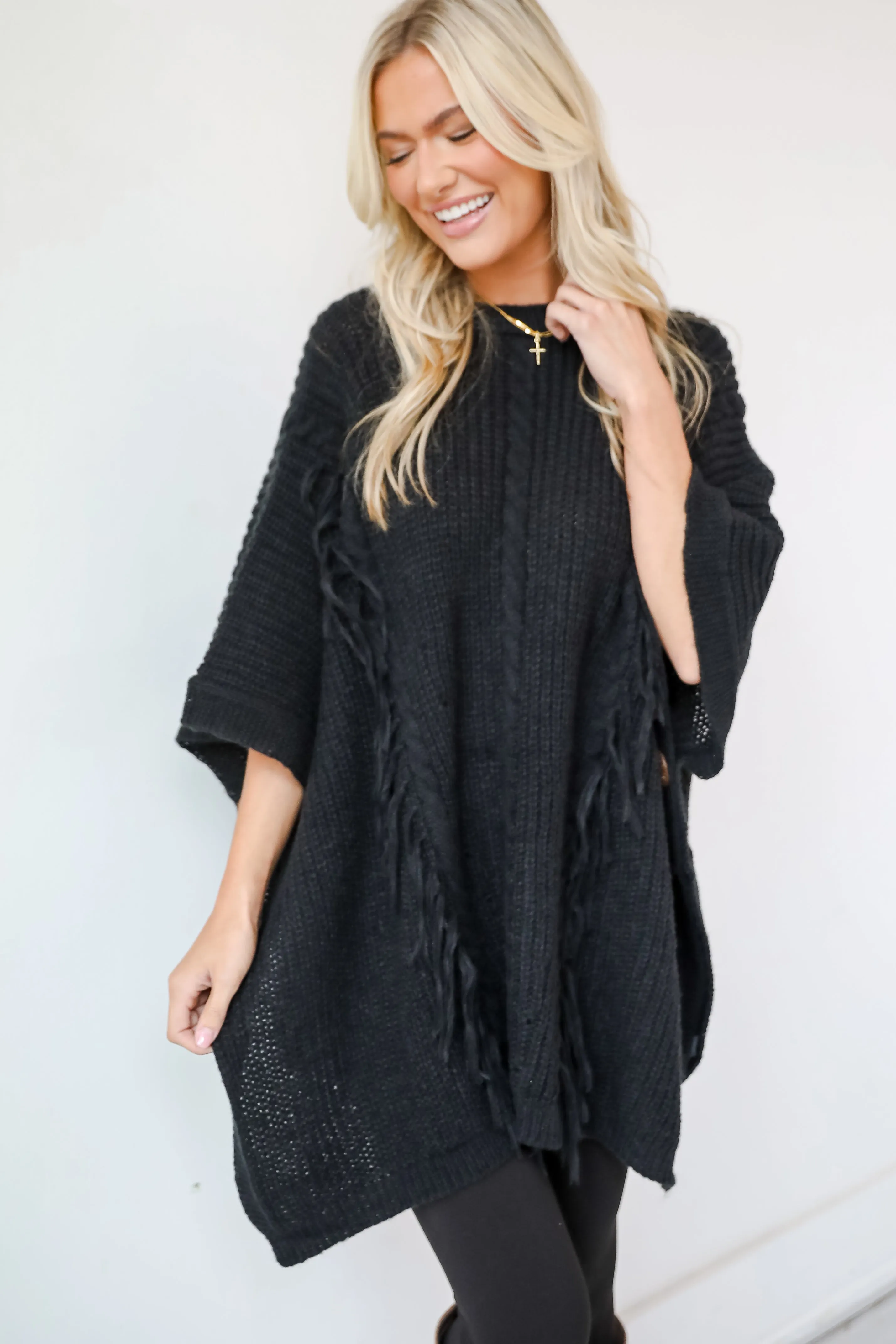 Chic Warmth Black Knit Poncho - DOORBUSTER