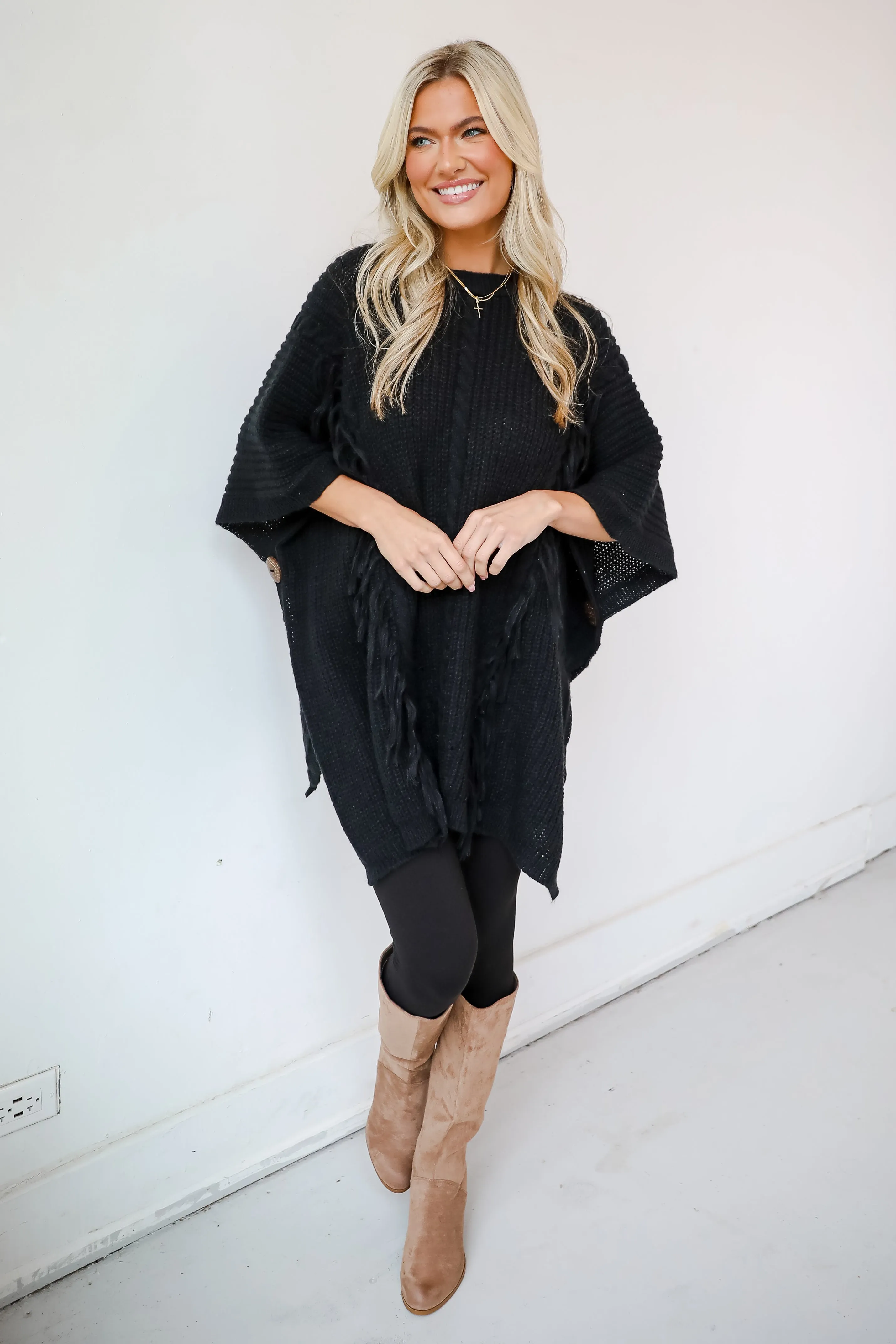 Chic Warmth Black Knit Poncho - DOORBUSTER