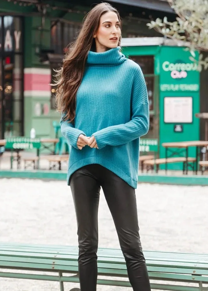 Clara Sunwoo - Ribbed Turtleneck Sweater W/Tipped Hem - Teal Blue