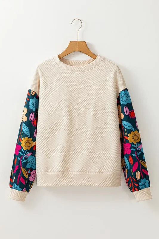 Contrast Floral Sleeve Textured Top Sweatshirts