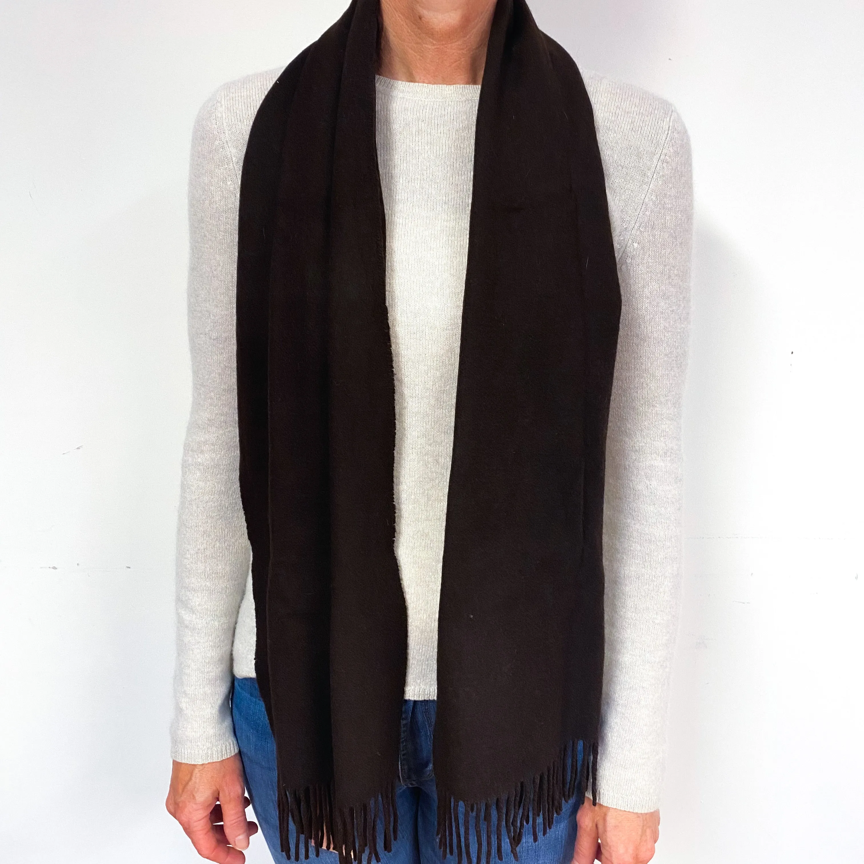 Dark Chocolate Brown Fringed Cashmere Woven Scarf