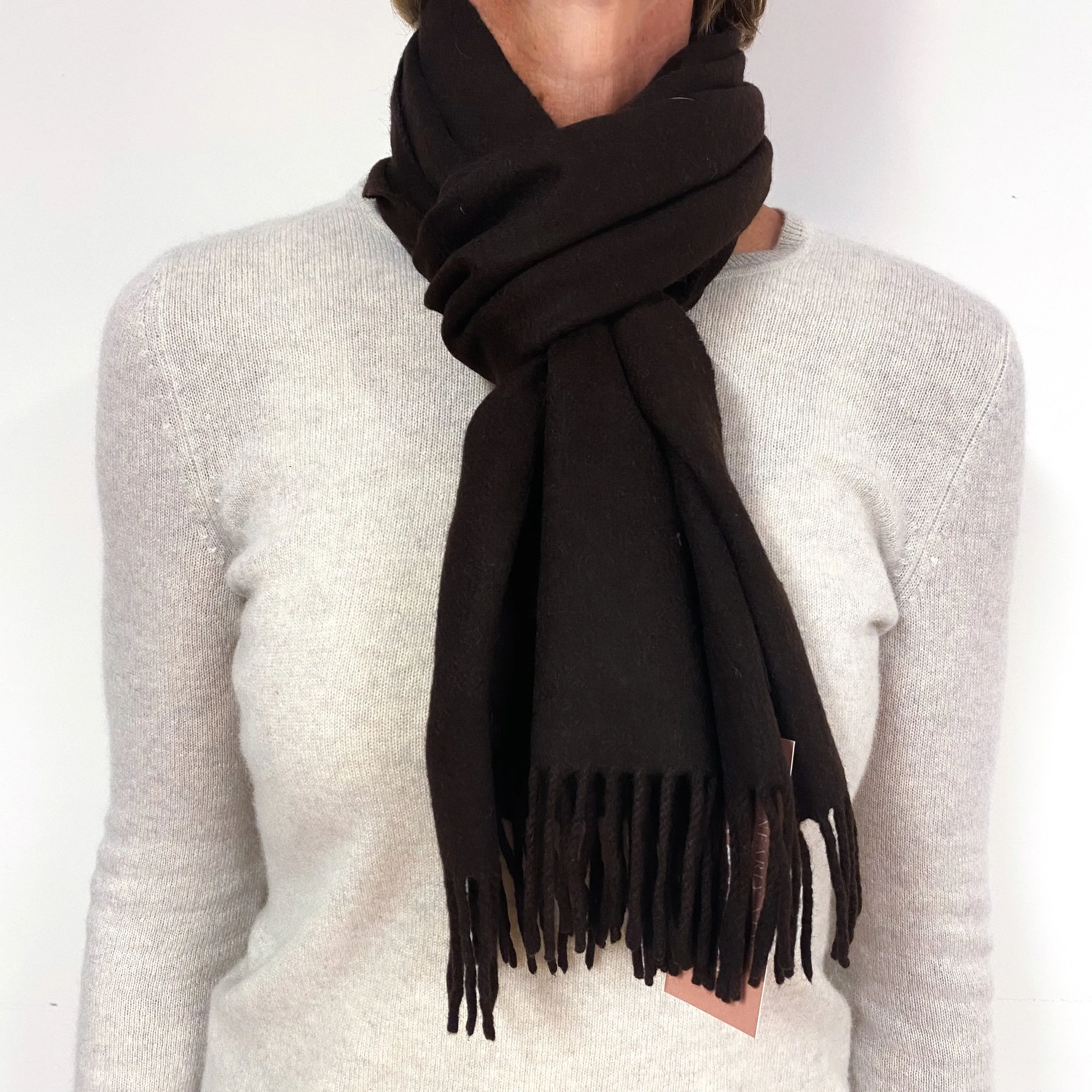 Dark Chocolate Brown Fringed Cashmere Woven Scarf