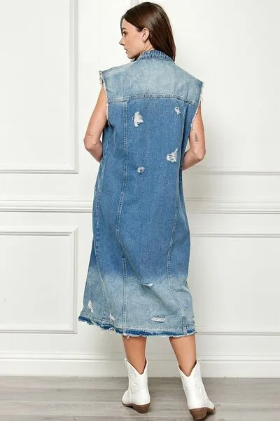 Distressed Sleeveless Longline Denim Vest