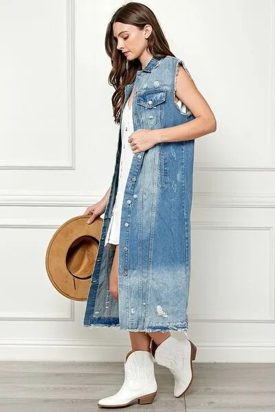 Distressed Sleeveless Longline Denim Vest