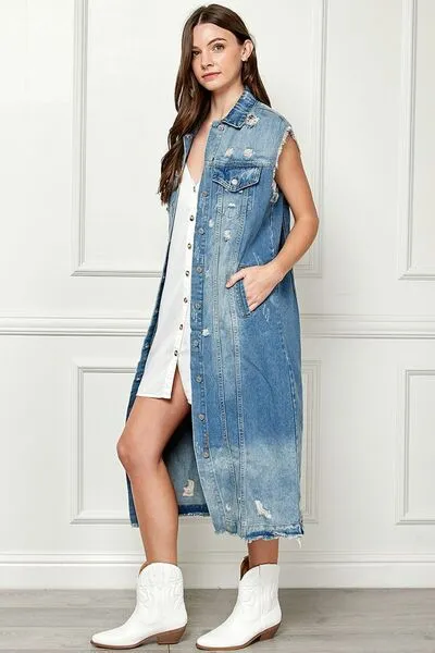 Distressed Sleeveless Longline Denim Vest